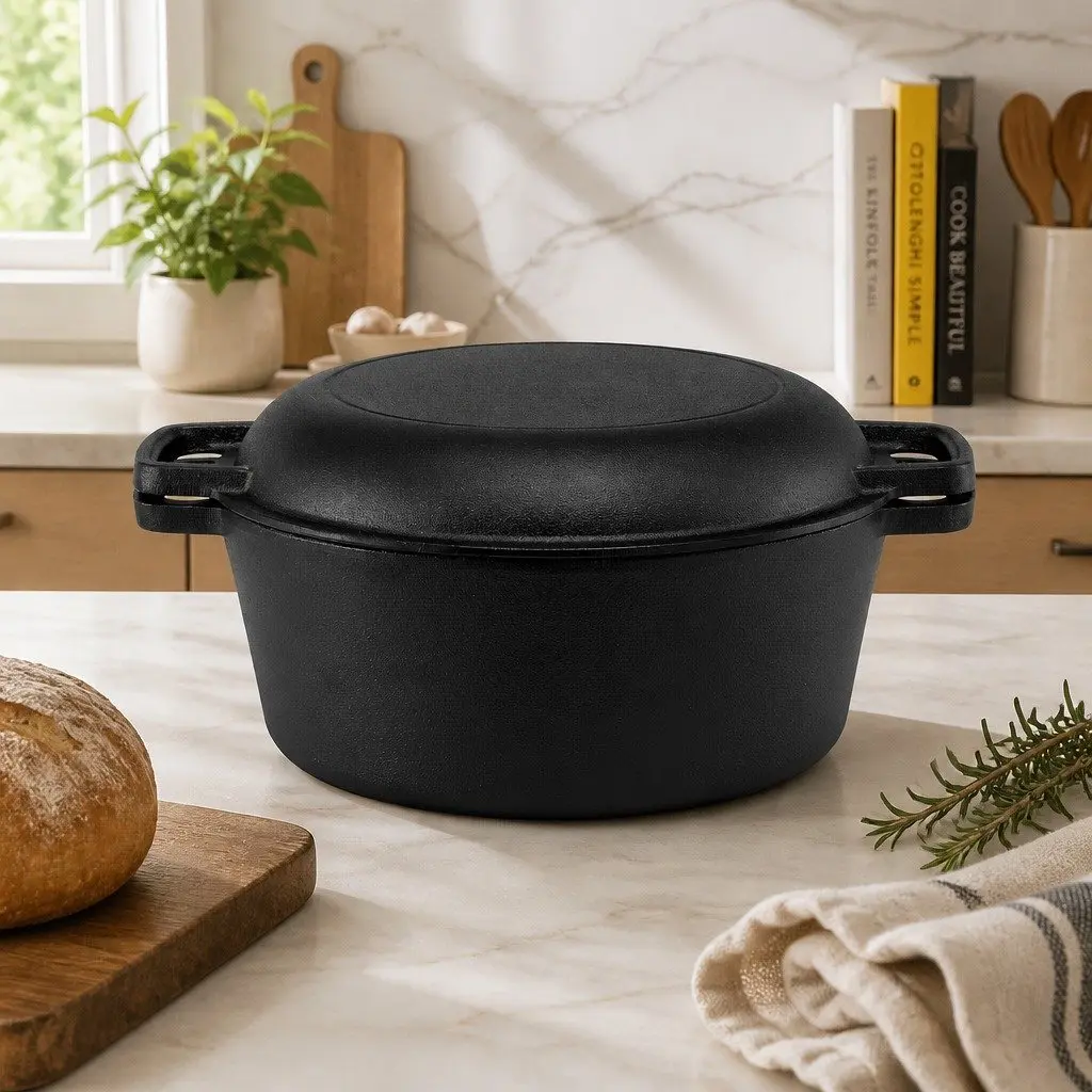 5L Cast Iron Dutch Oven Black Dual Handles 2-in-1 Bread Baking