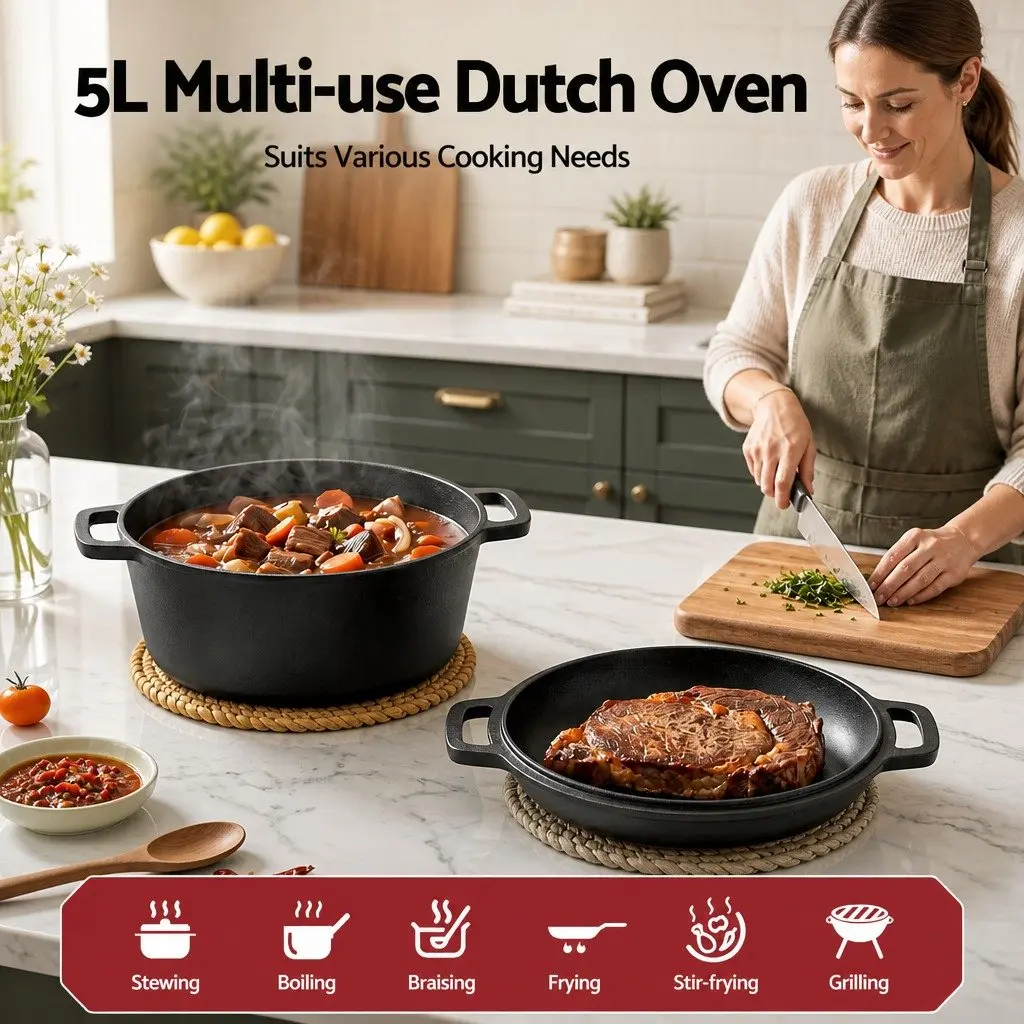 5L Cast Iron Dutch Oven Black Dual Handles 2-in-1 Bread Baking