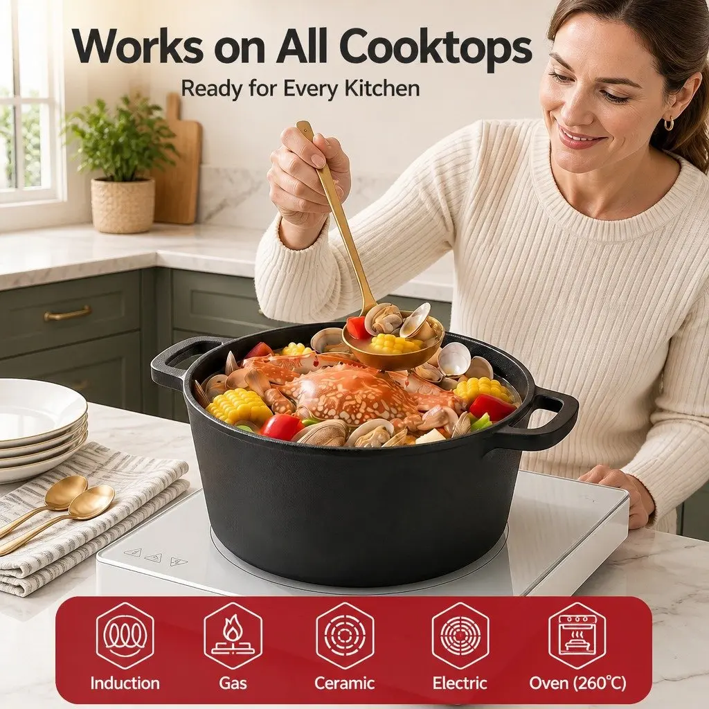 5L Cast Iron Dutch Oven Black Dual Handles 2-in-1 Bread Baking
