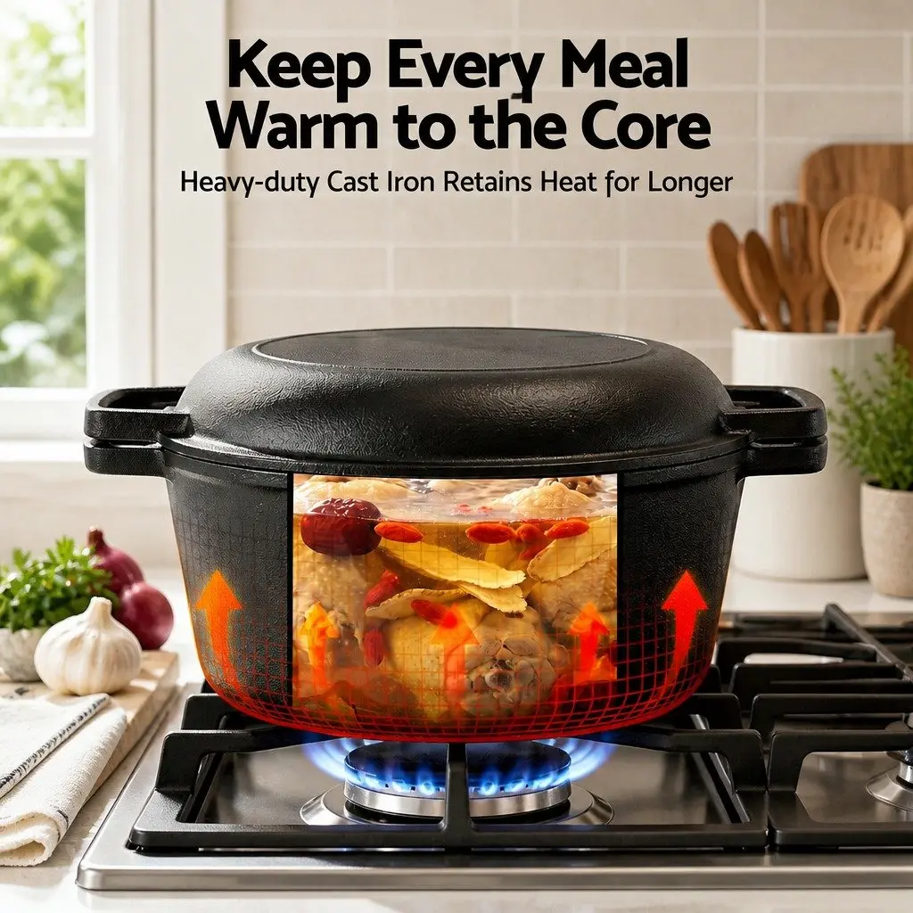 5L Cast Iron Dutch Oven Black Dual Handles 2-in-1 Bread Baking