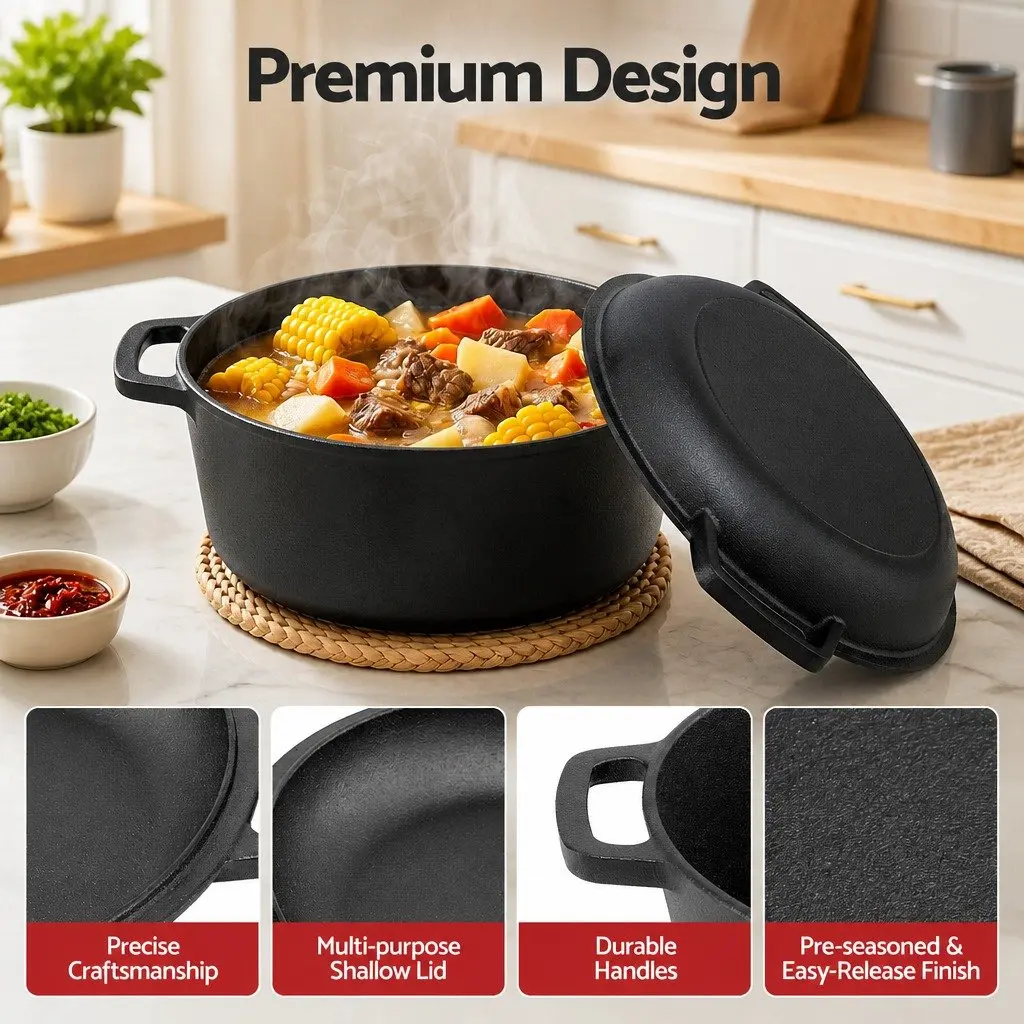 5L Cast Iron Dutch Oven Black Dual Handles 2-in-1 Bread Baking