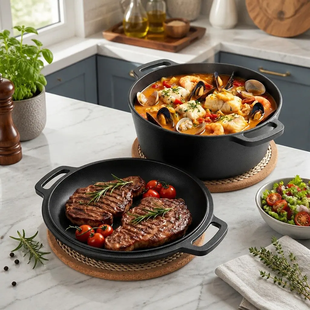 5L Cast Iron Dutch Oven Black Dual Handles 2-in-1 Bread Baking