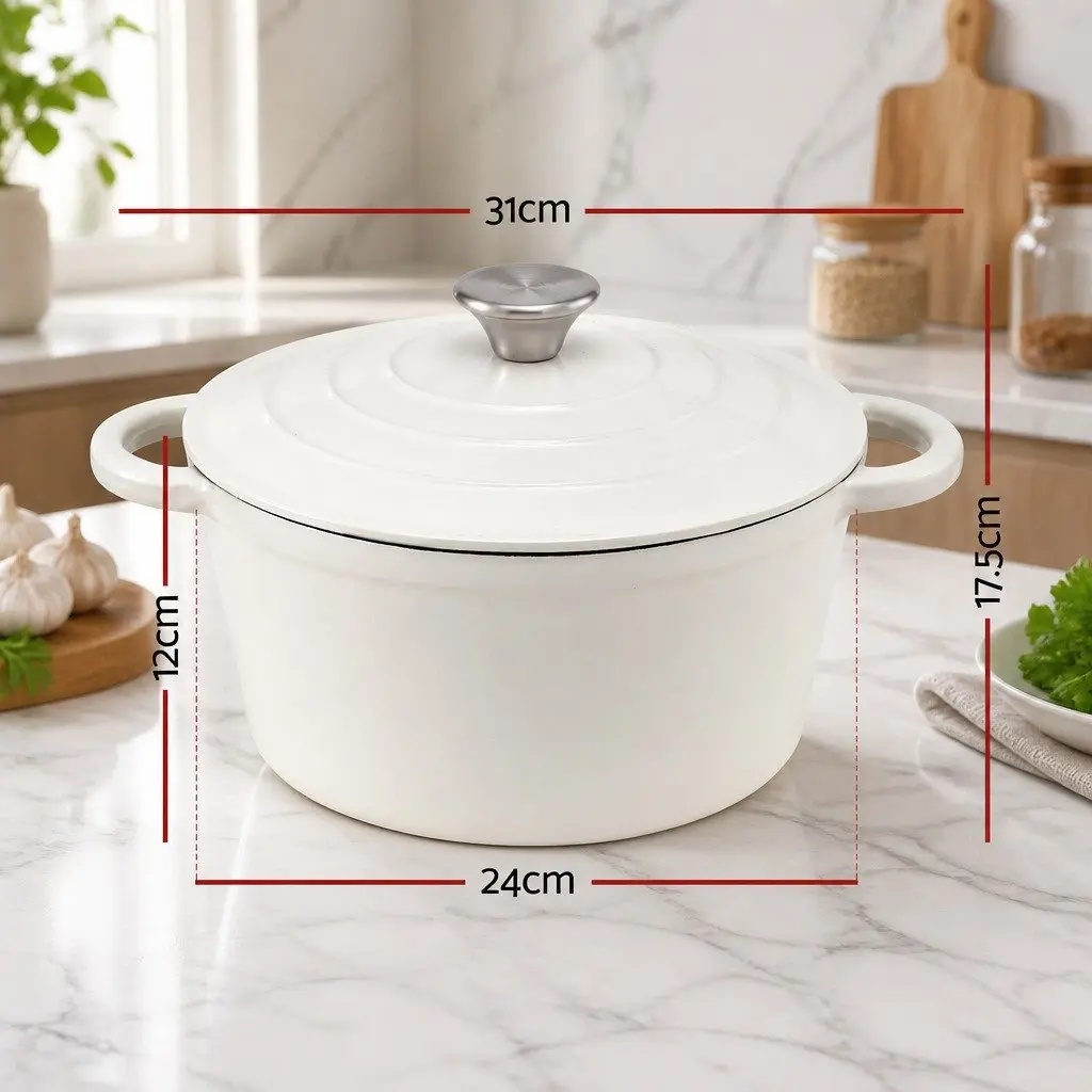 Enameled Cast Iron Dutch Oven Pot 3.8L with Lid White Braising Bread Baking