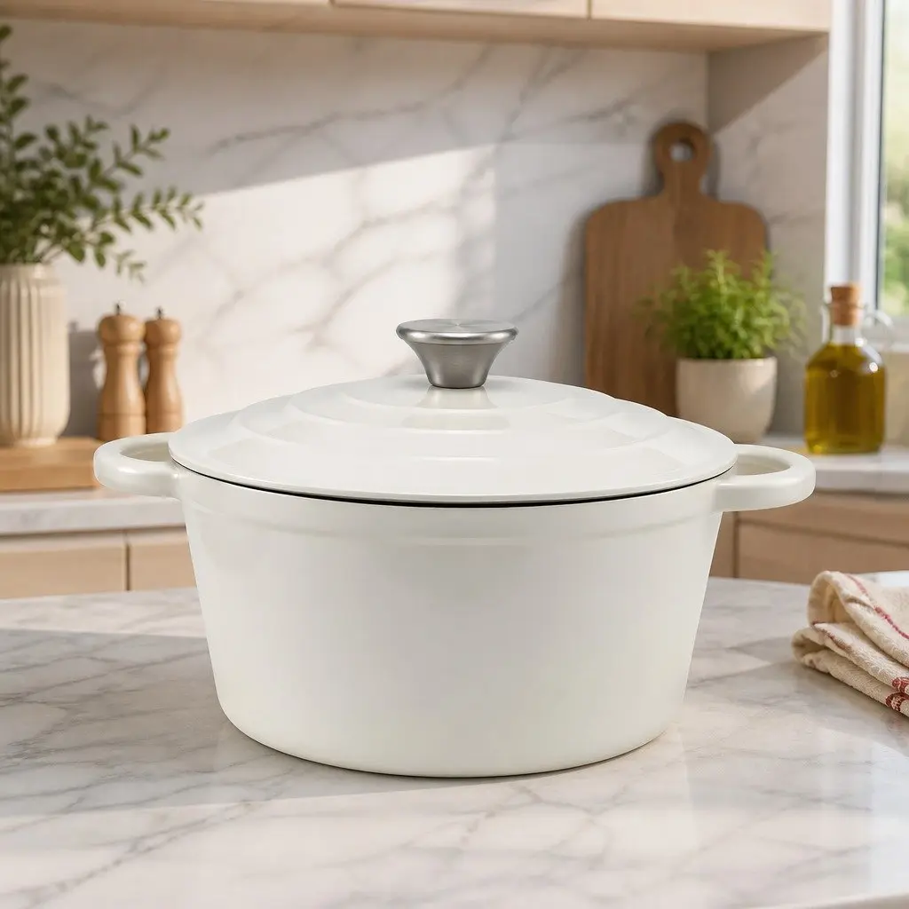 Enameled Cast Iron Dutch Oven Pot 3.8L with Lid White Braising Bread Baking