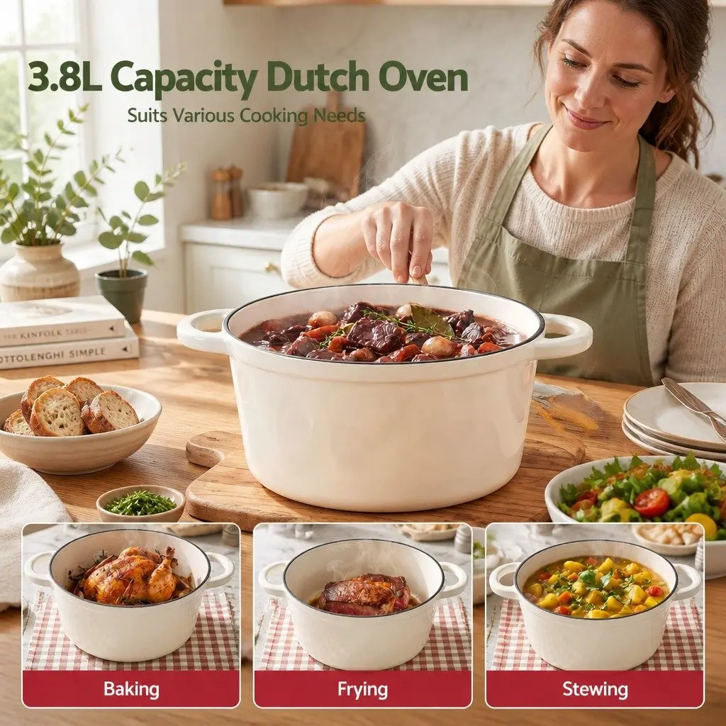 Enameled Cast Iron Dutch Oven Pot 3.8L with Lid White Braising Bread Baking