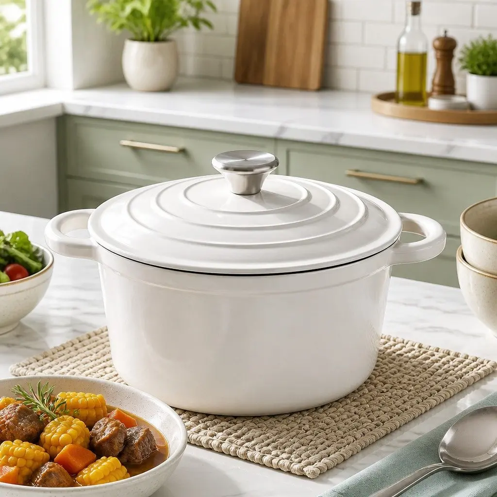 Enameled Cast Iron Dutch Oven Pot 3.8L with Lid White Braising Bread Baking