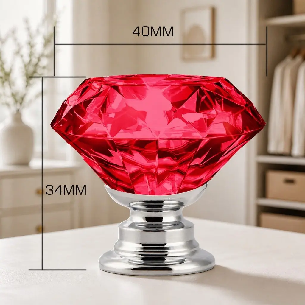 Diamond Crystal Cabinet Knobs Red 40mm Reflective Brilliance