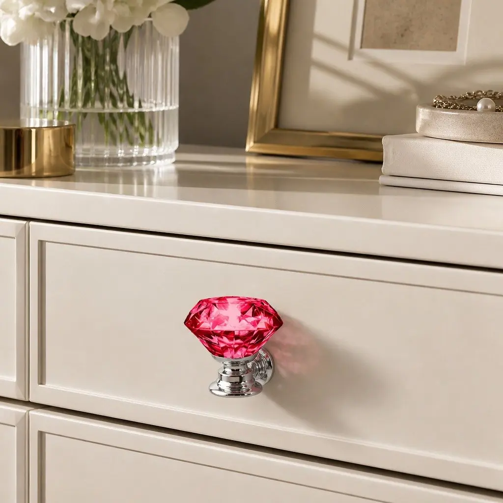 16 Piece Crystal Diamond Cabinet Knobs Red 30mm Light Reflecting Facets