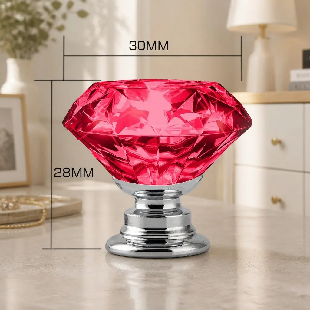 16 Piece Crystal Diamond Cabinet Knobs Red 30mm Light Reflecting Facets
