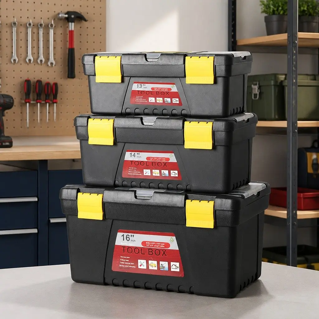 3 Piece Tool Box Set Black and Yellow Portable Heavy Duty Storage Organizer
