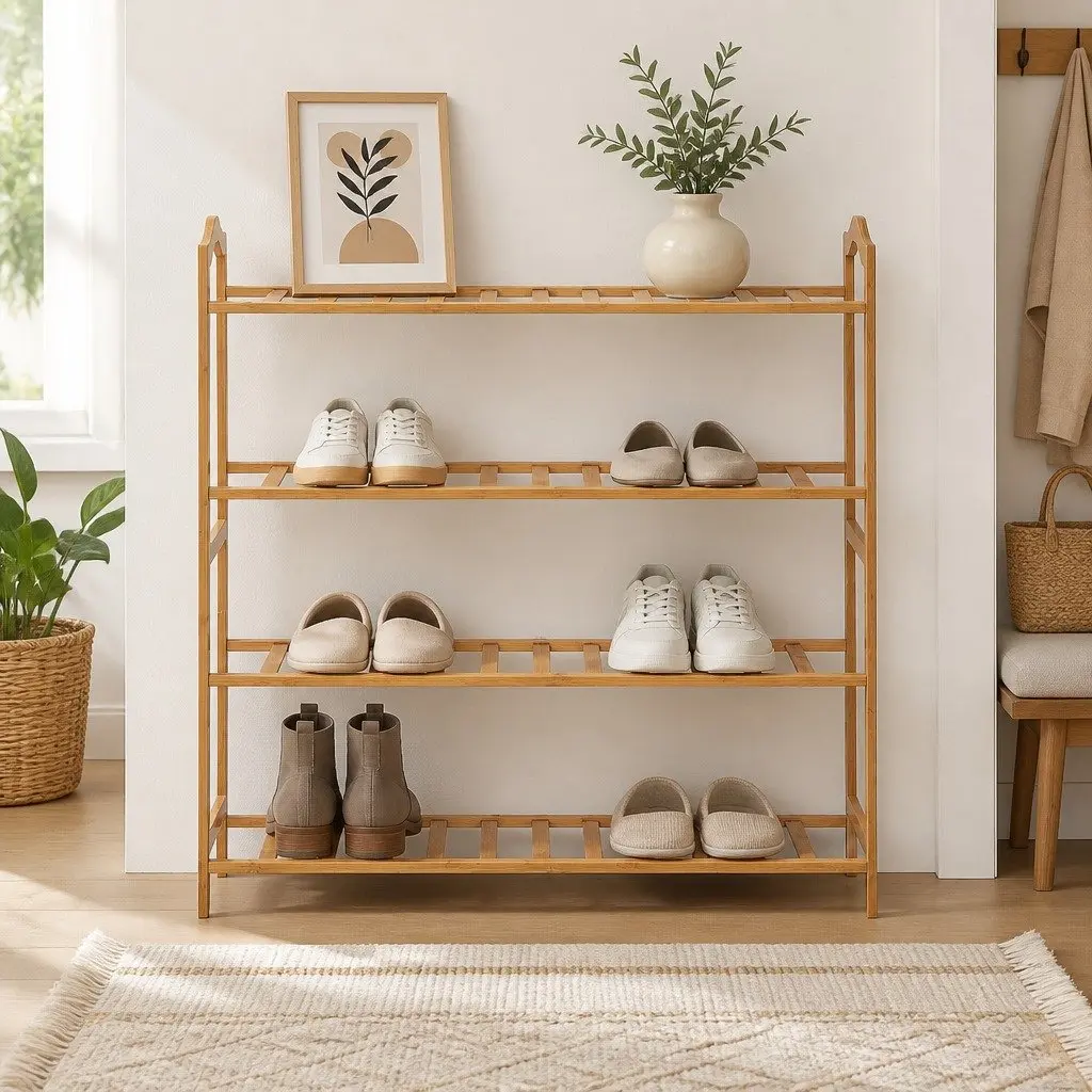 Bamboo Shoe Rack Natural 80cm Wide 4 Tier Wooden Organiser
