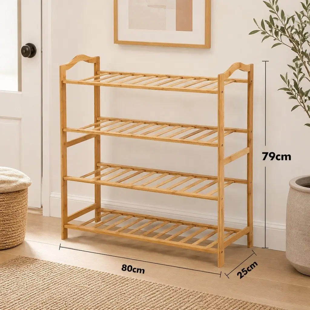 Bamboo Shoe Rack Natural 80cm Wide 4 Tier Wooden Organiser