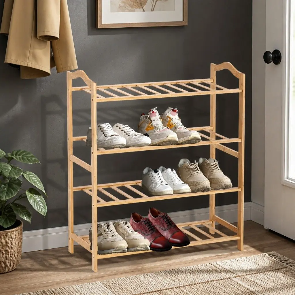 Bamboo Shoe Rack Natural 80cm Wide 4 Tier Wooden Organiser