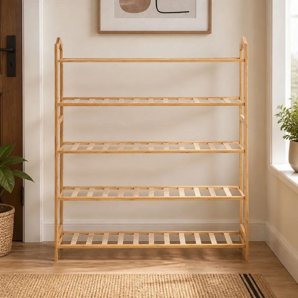 Bamboo Shoe Rack Natural 80cm Width 5 Tier Wooden Hallway Organiser