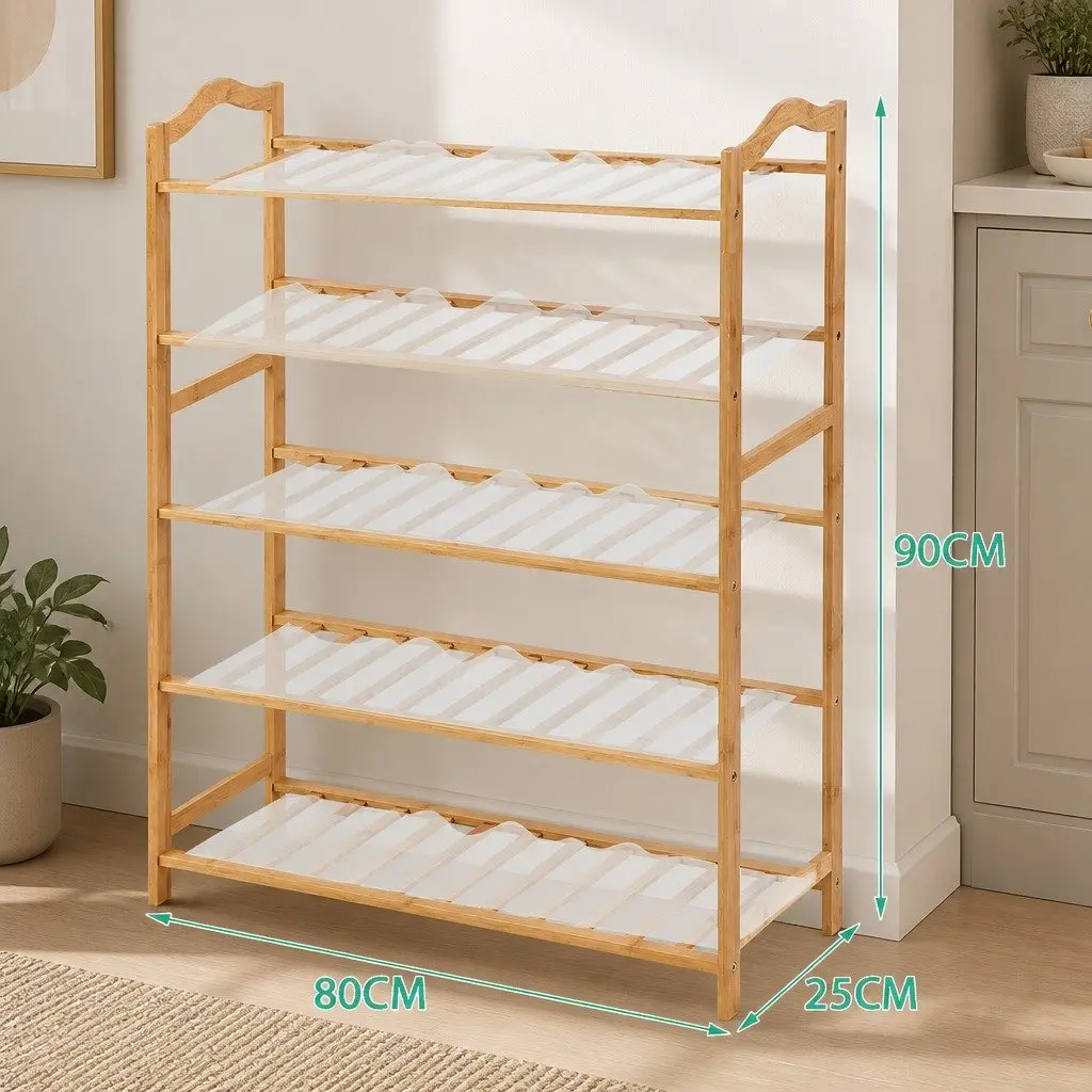 Bamboo Shoe Rack Natural 80cm Width 5 Tier Wooden Hallway Organiser