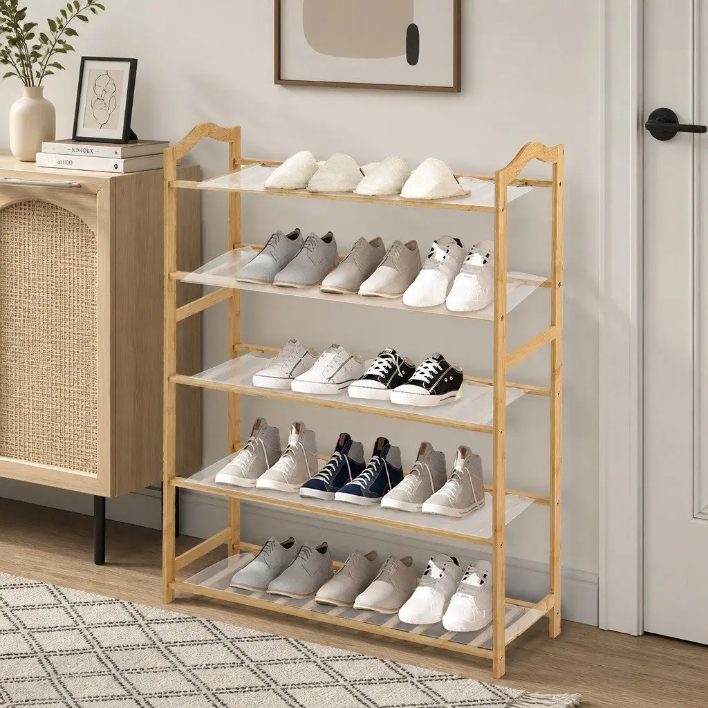 Bamboo Shoe Rack Natural 80cm Width 5 Tier Wooden Hallway Organiser