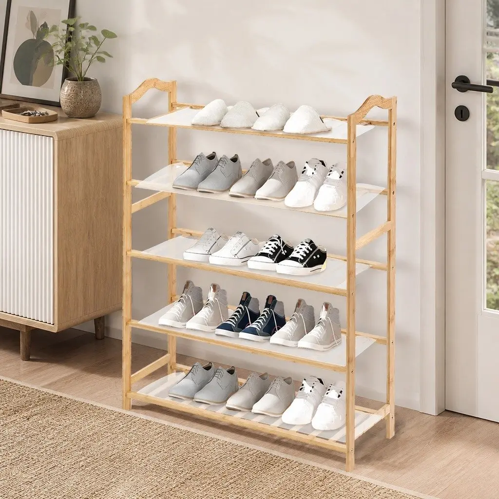 Bamboo Shoe Rack Natural 80cm Width 5 Tier Wooden Hallway Organiser