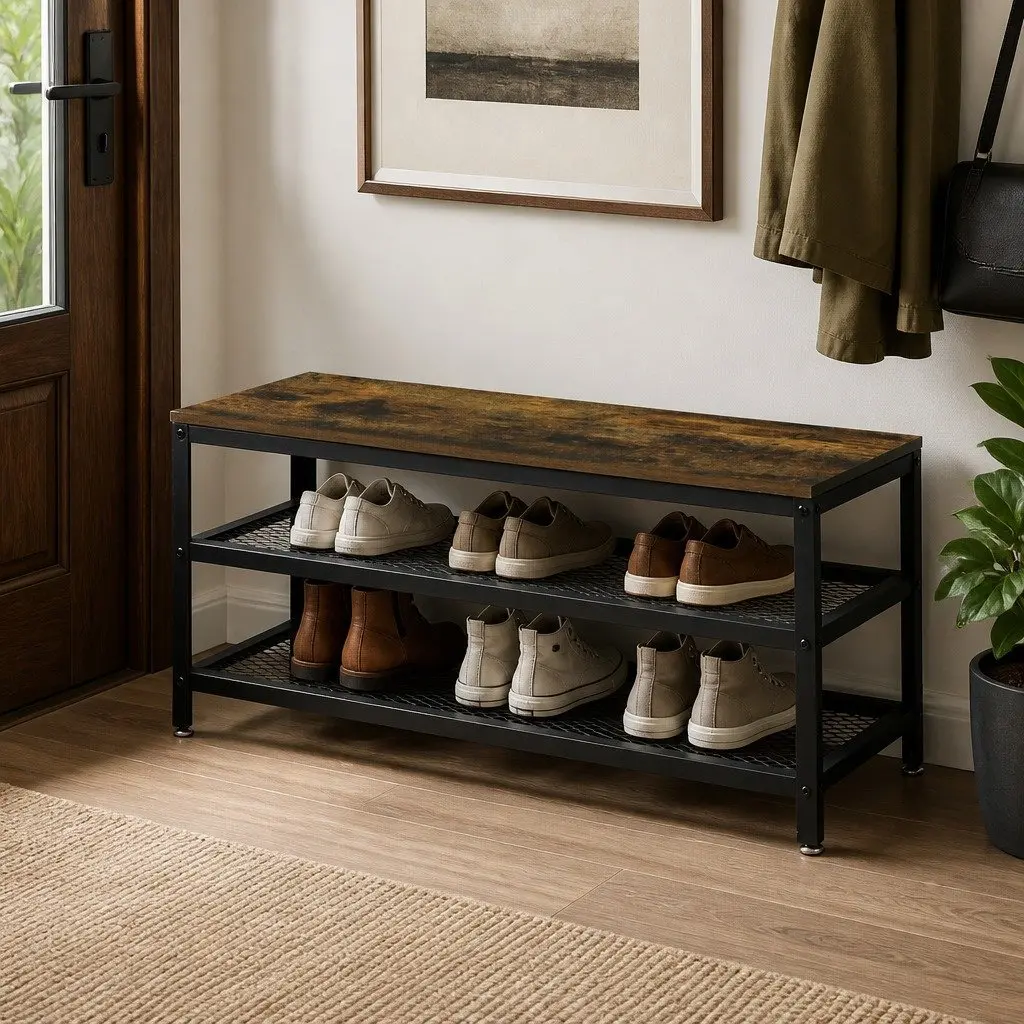 3-Tier Shoe Rack Bench 100cm Industrial Metal Storage Organiser Display Shelf