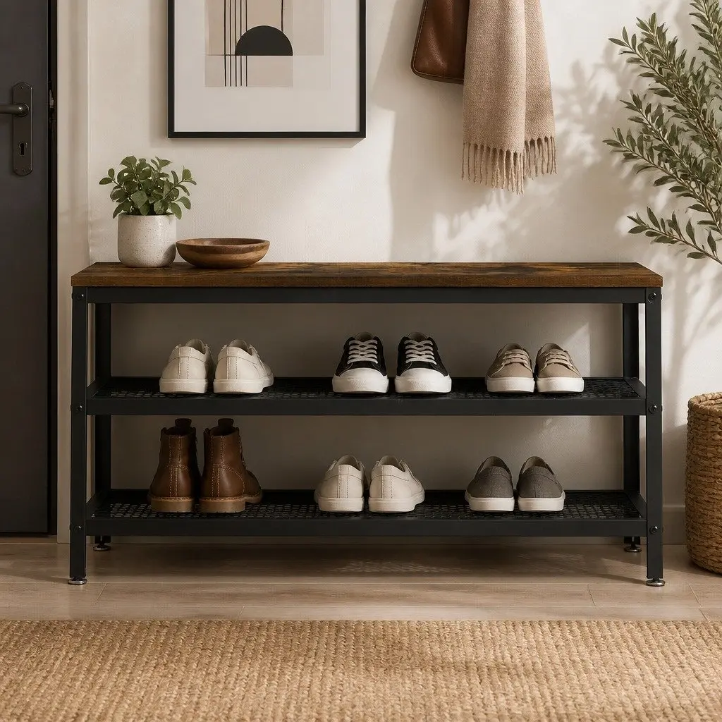 3-Tier Shoe Rack Bench 100cm Industrial Metal Storage Organiser Display Shelf