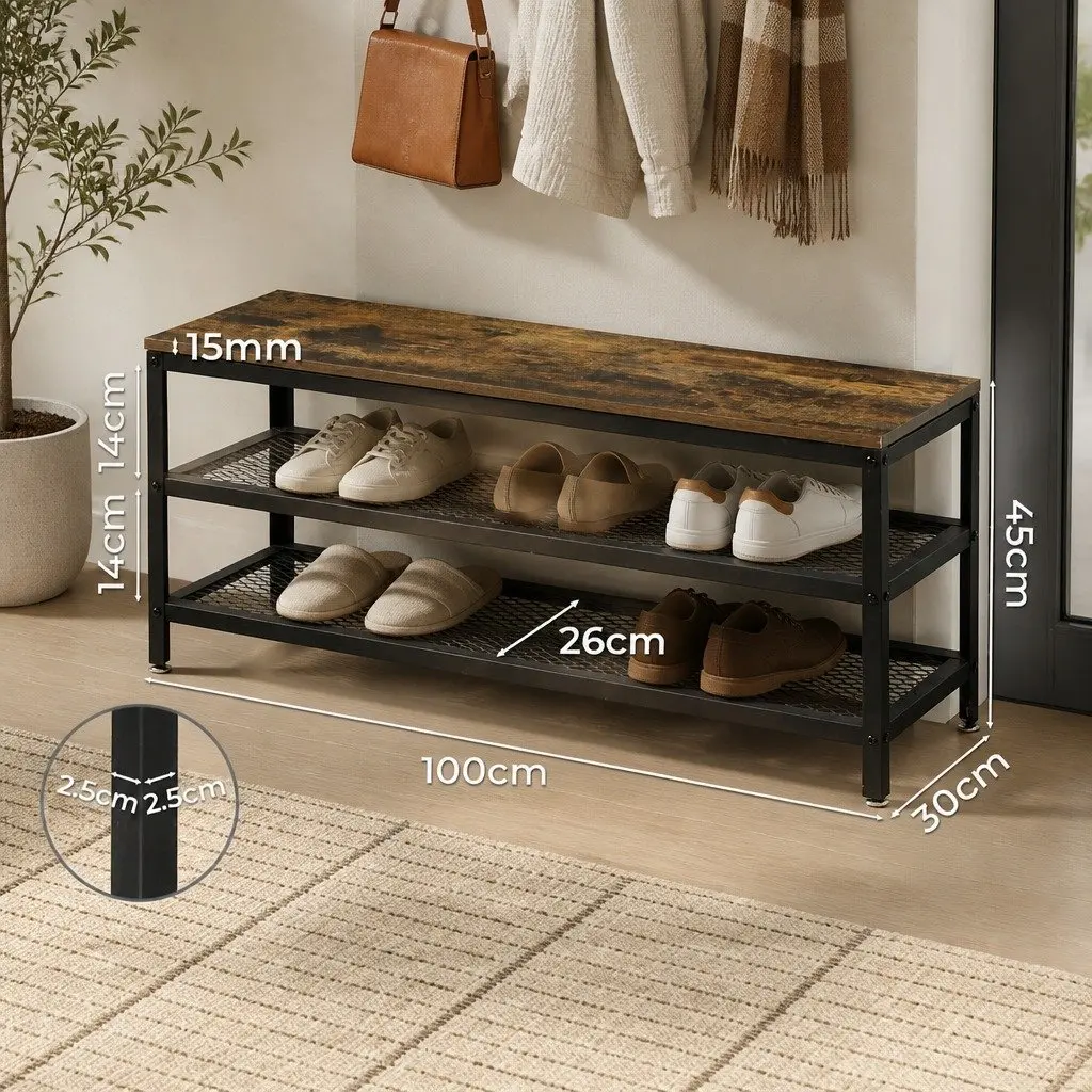 3-Tier Shoe Rack Bench 100cm Industrial Metal Storage Organiser Display Shelf