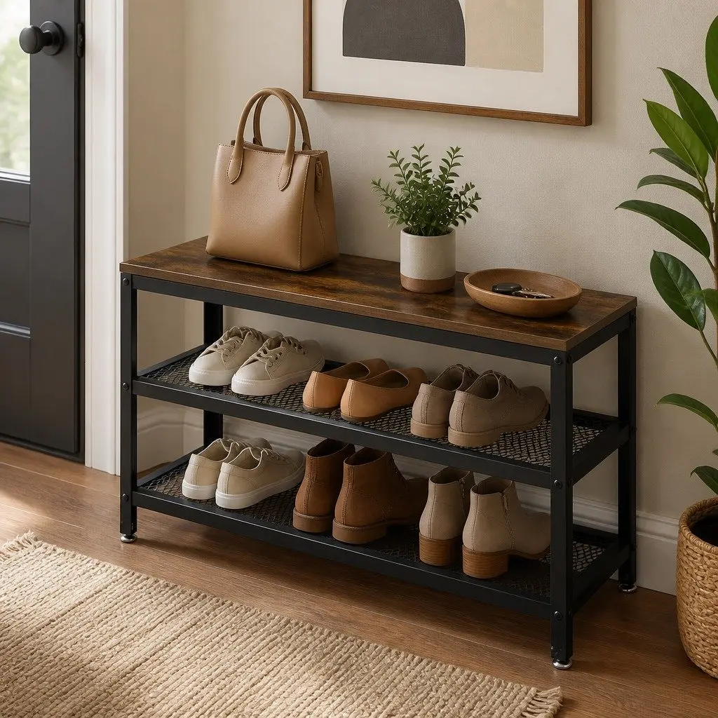 3-Tier Shoe Rack Bench 100cm Industrial Metal Storage Organiser Display Shelf
