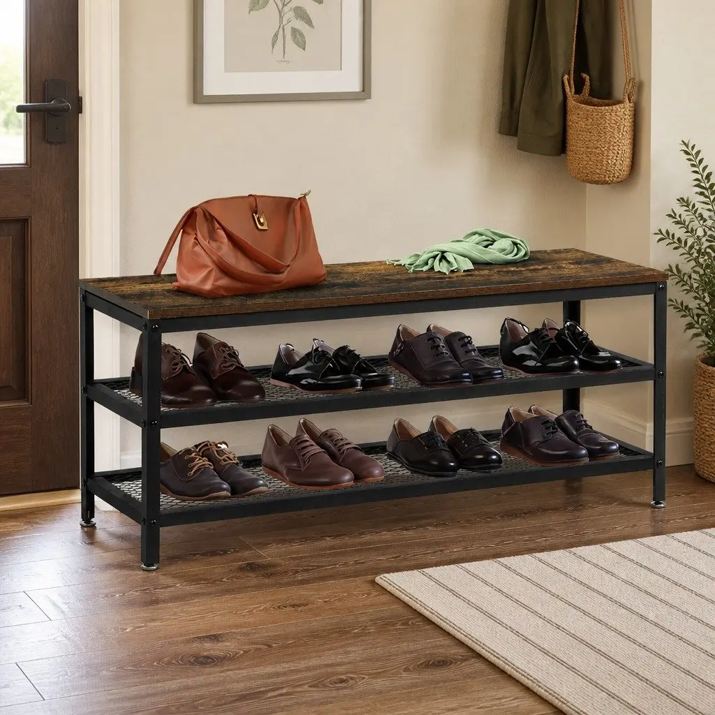 3-Tier Shoe Rack Bench 100cm Industrial Metal Storage Organiser Display Shelf