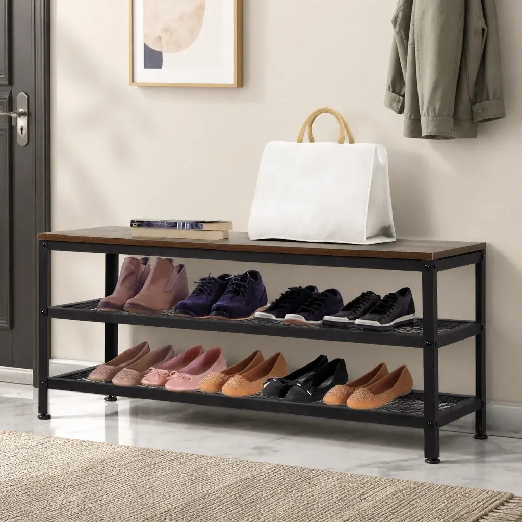 3-Tier Shoe Rack Bench 100cm Industrial Metal Storage Organiser Display Shelf