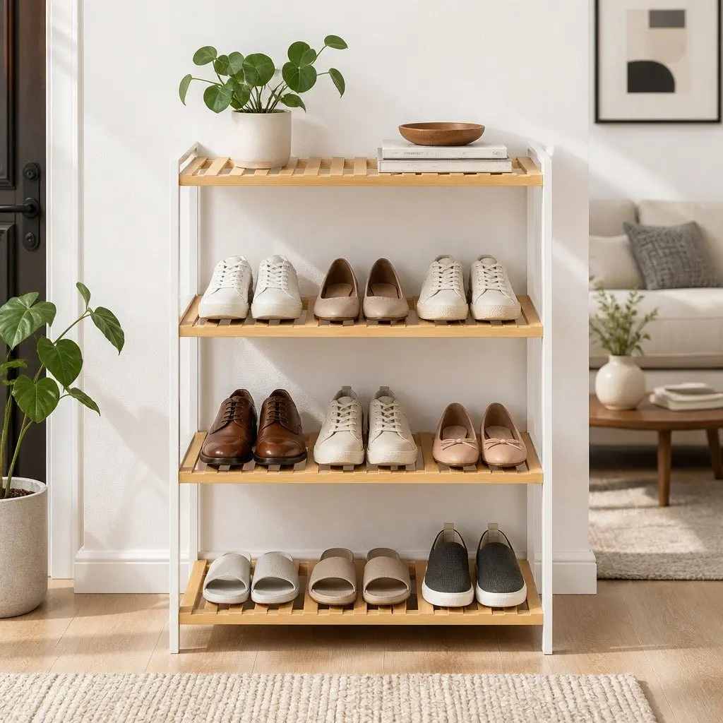 Bamboo Storage Rack White Natural 4 Tier Shelving Unit Multi-Purpose Organiser