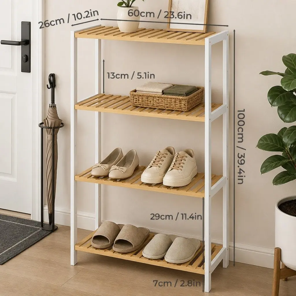 Bamboo Storage Rack White Natural 4 Tier Shelving Unit Multi-Purpose Organiser