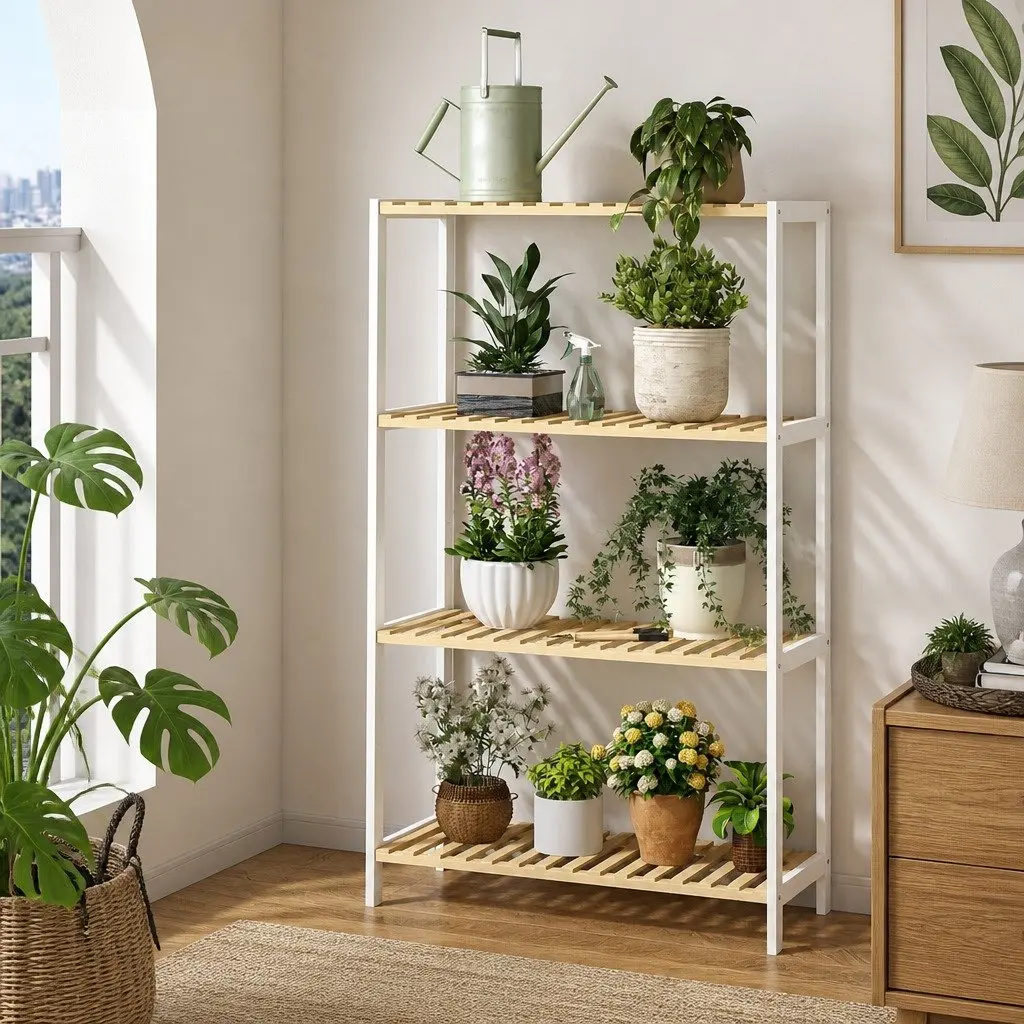 Bamboo Storage Rack White Natural 4 Tier Shelving Unit Multi-Purpose Organiser