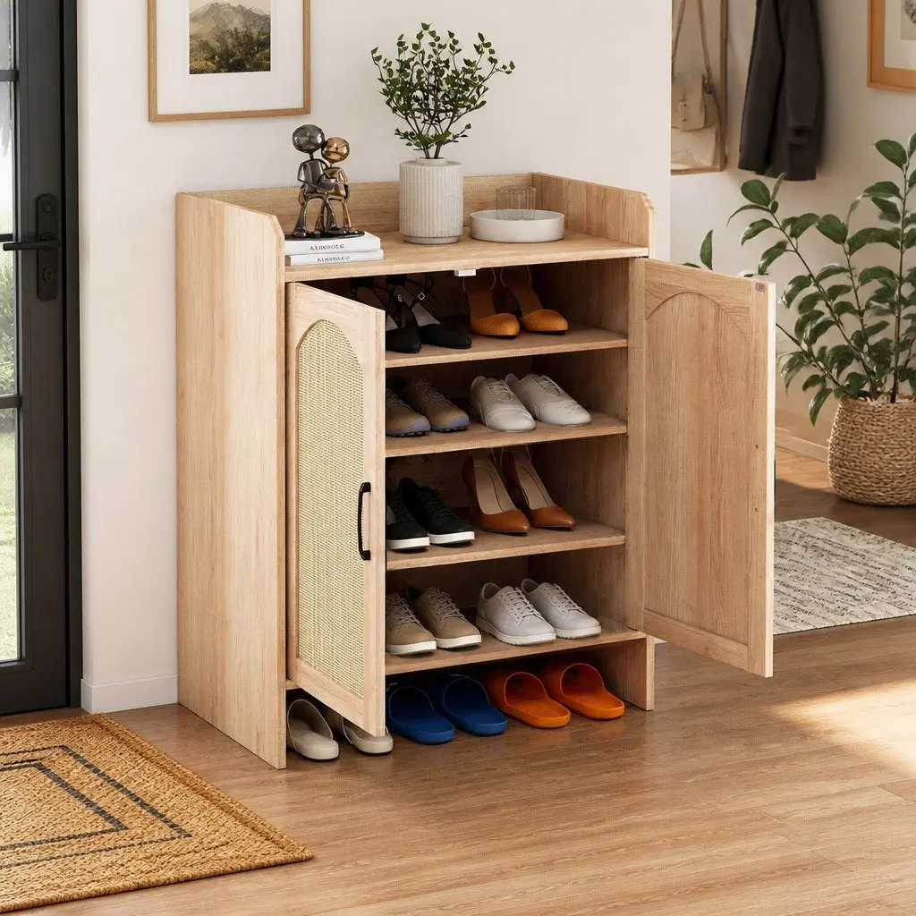 5 Tier Wooden Shoe Cabinet Oak Adjustable Shelves Magnetic Doors Anti-Tip Safety Hardware