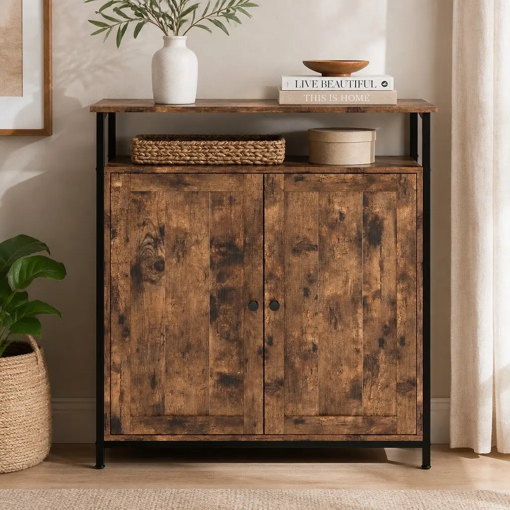 Storage Cabinet Walnut Adjustable Shelves Multipurpose Organiser with Drawers and Doors