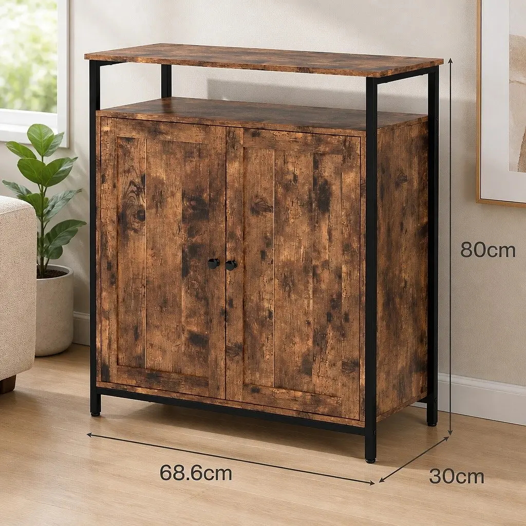 Storage Cabinet Walnut Adjustable Shelves Multipurpose Organiser with Drawers and Doors