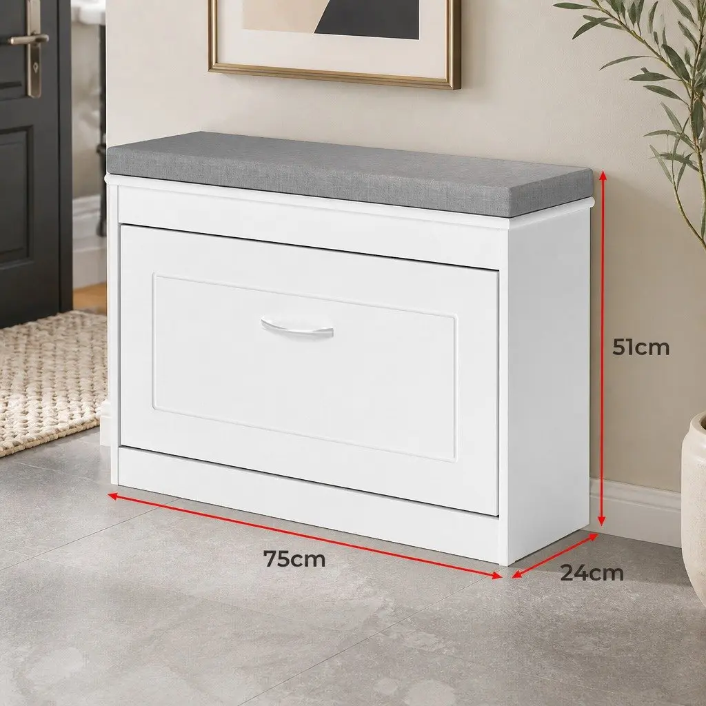 Shoe Rack Storage Cabinet White 75cm Padded Seat Flip Drawer Double-Layer Organiser