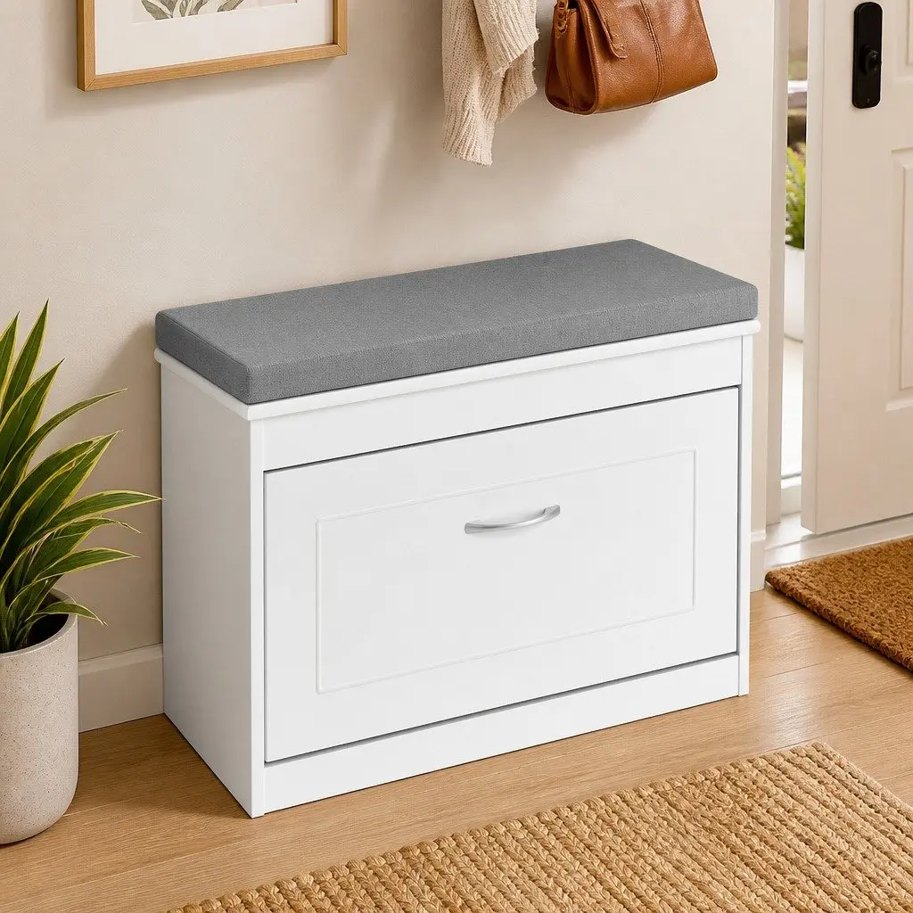 Shoe Rack Storage Cabinet White 75cm Padded Seat Flip Drawer Double-Layer Organiser