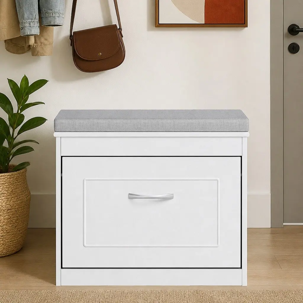 Shoe Rack Storage Cabinet Bench White 60cm Flip Drawer Double-Layer Storage Adjustable Shelves Padded Seat