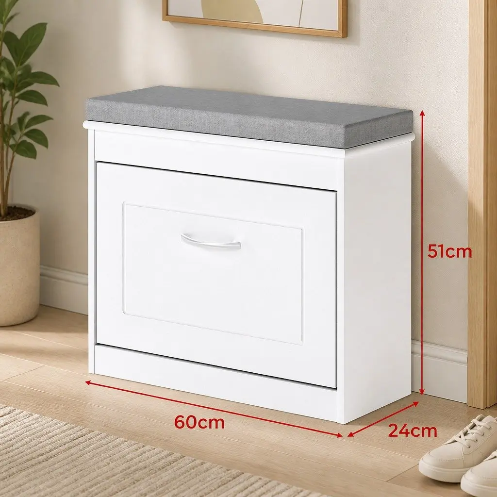 Shoe Rack Storage Cabinet Bench White 60cm Flip Drawer Double-Layer Storage Adjustable Shelves Padded Seat