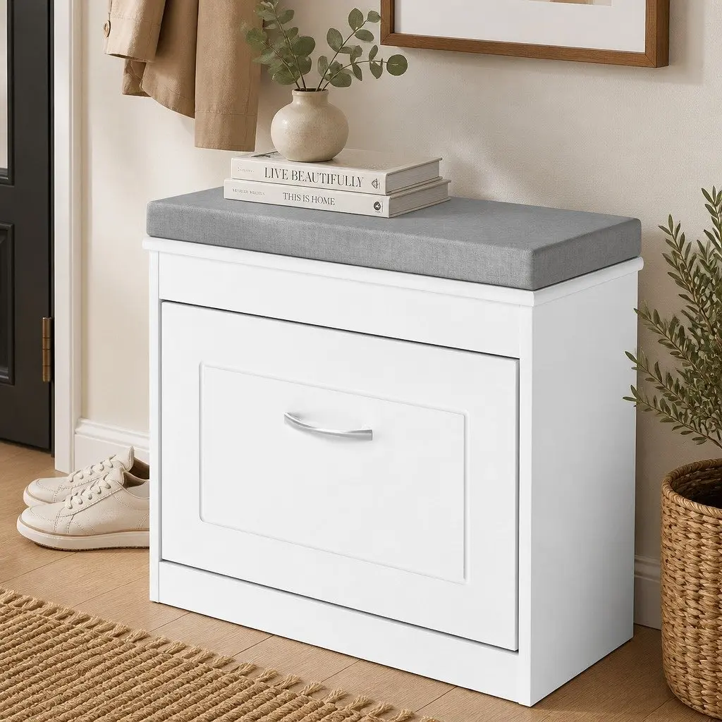 Shoe Rack Storage Cabinet Bench White 60cm Flip Drawer Double-Layer Storage Adjustable Shelves Padded Seat