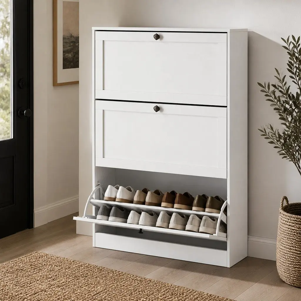Shoe Cabinet White 3 Flip Drawers Adjustable Shelf Organiser Storage Rack Vertical