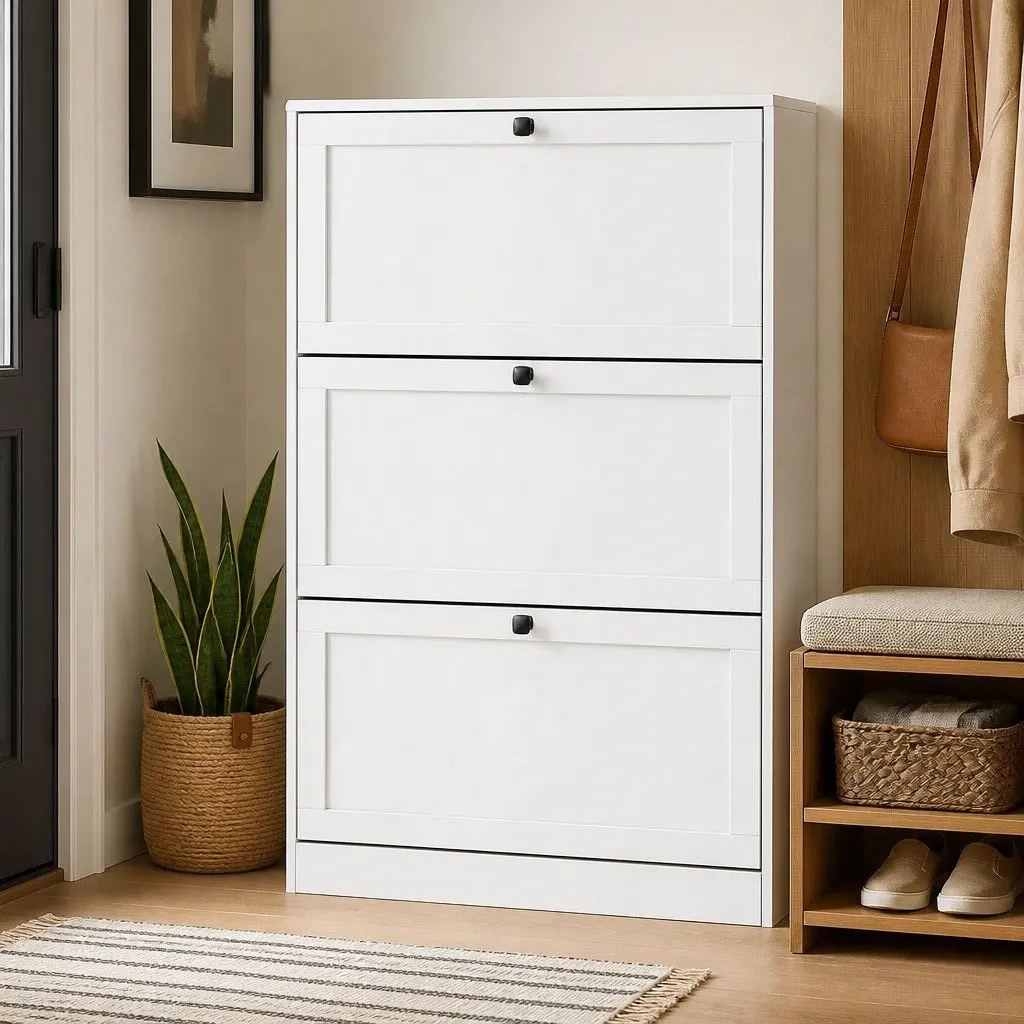 Shoe Cabinet White 3 Flip Drawers Adjustable Shelf Organiser Storage Rack Vertical