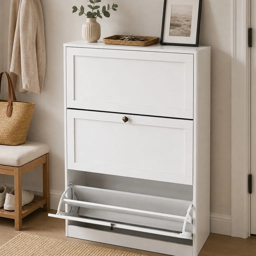Shoe Cabinet White 3 Flip Drawers Adjustable Shelf Organiser Storage Rack Vertical