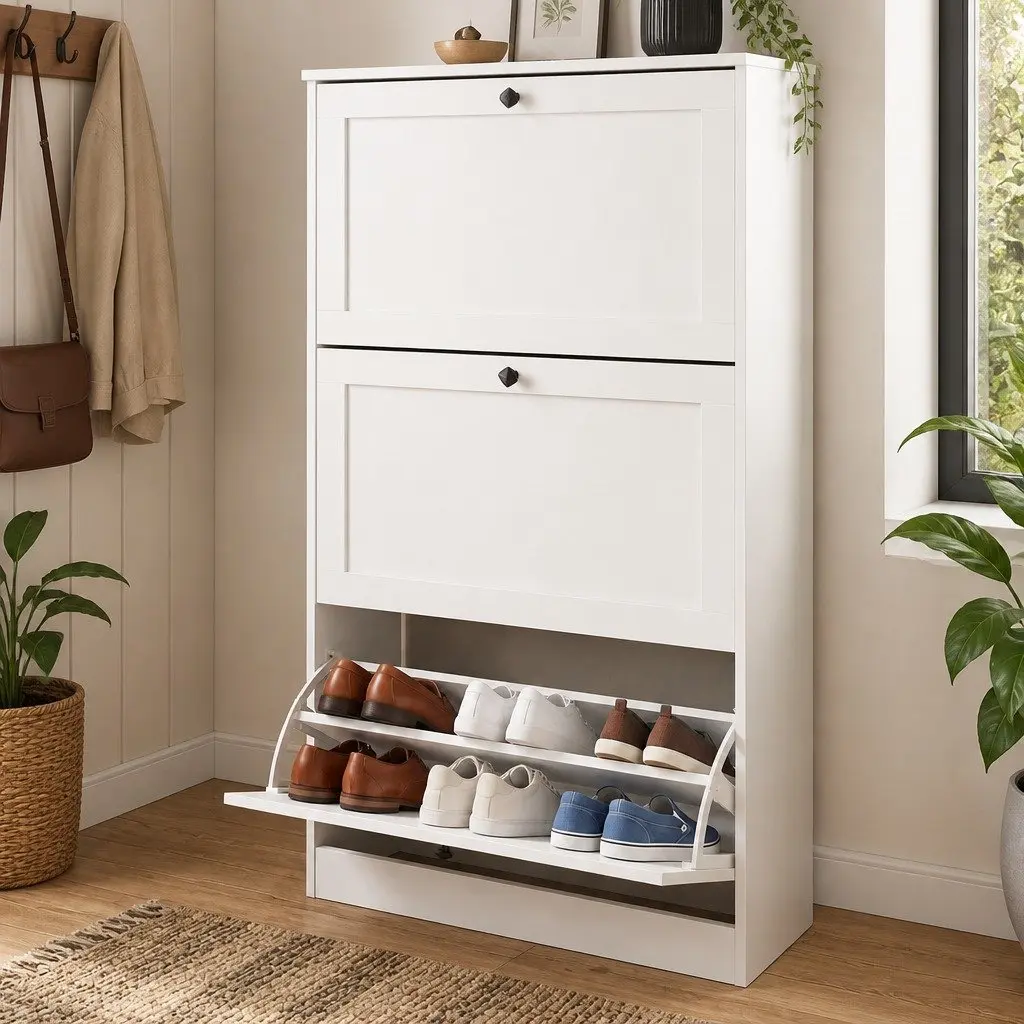 Shoe Cabinet White 3 Flip Drawers Adjustable Shelf Organiser Storage Rack Vertical
