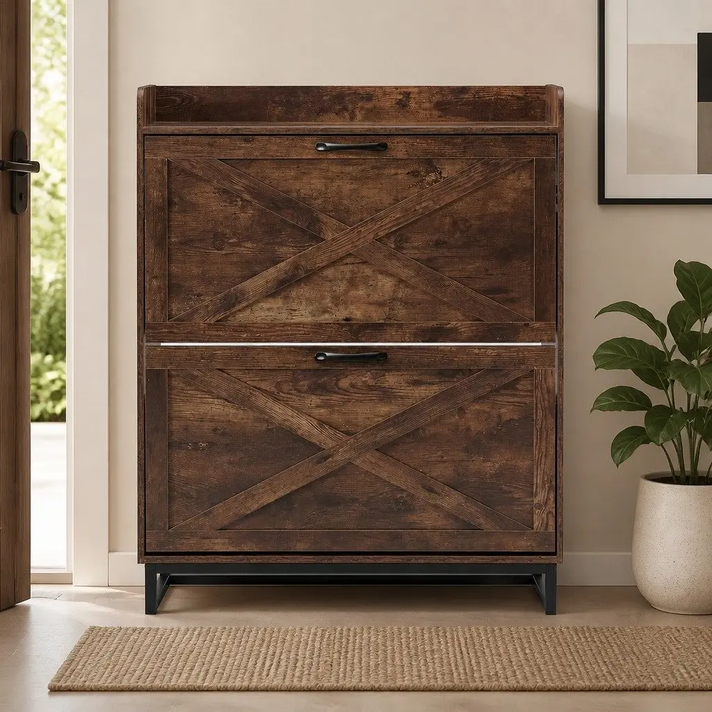 Shoe Cabinet Walnut 2 Flip Drawers Storage Organiser Adjustable Shelves