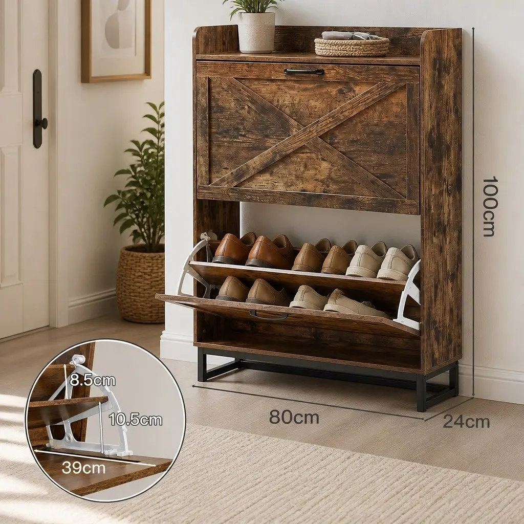 Shoe Cabinet Walnut 2 Flip Drawers Storage Organiser Adjustable Shelves