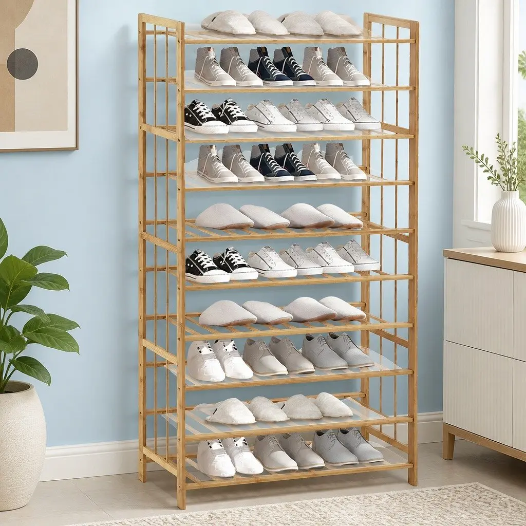Bamboo Shoe Rack Natural 80cm Wide 10 Tier Wooden Organizer