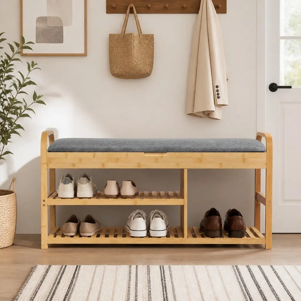 Bamboo Shoe Rack Bench Natural 100cm Multifunctional Storage Box with Hidden Compartment and Padded Seat
