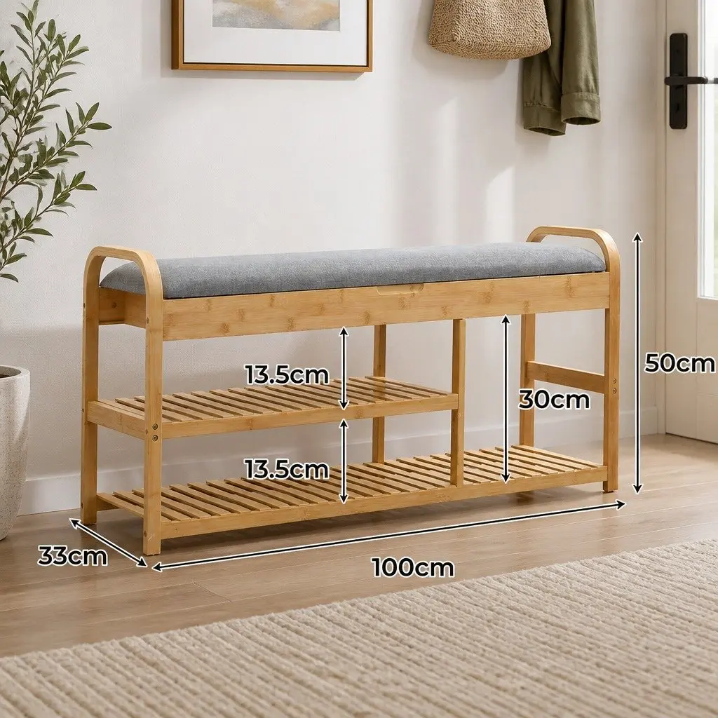 Bamboo Shoe Rack Bench Natural 100cm Multifunctional Storage Box with Hidden Compartment and Padded Seat
