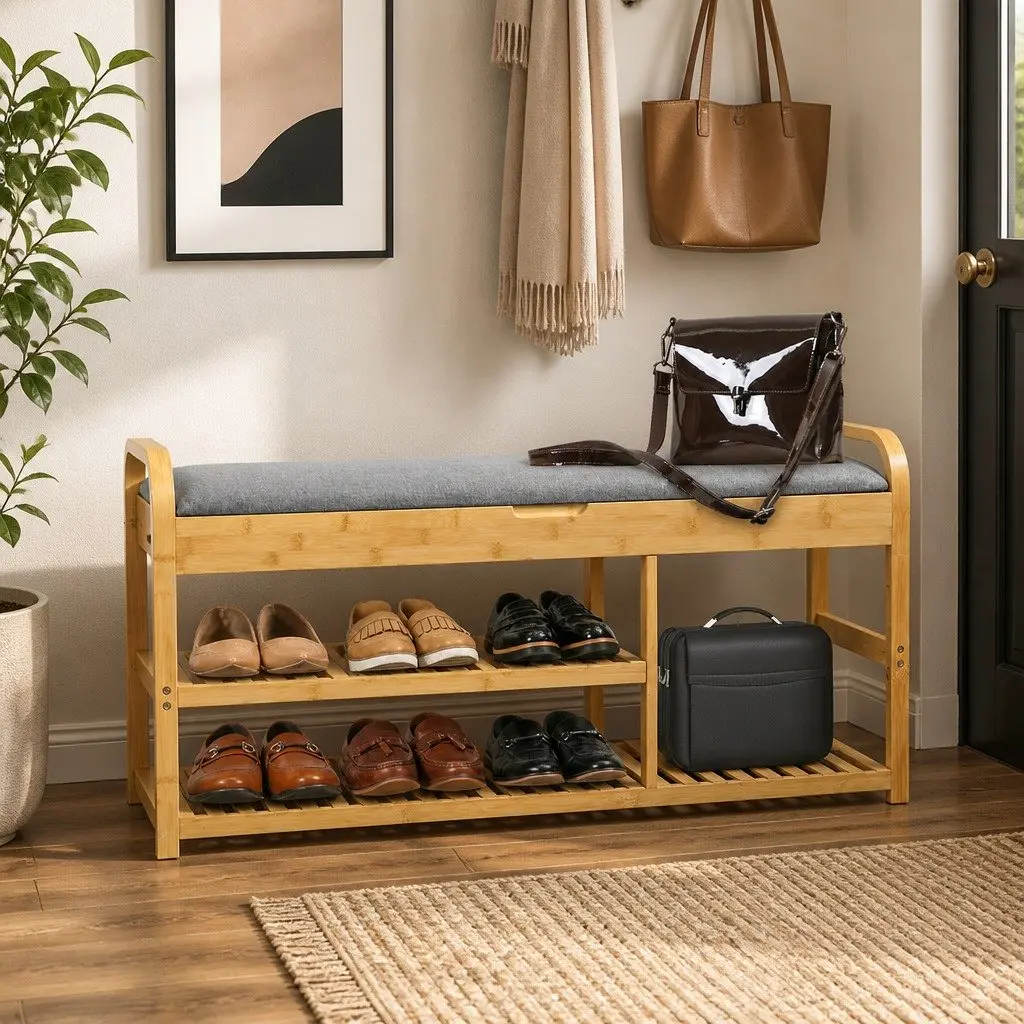 Bamboo Shoe Rack Bench Natural 100cm Multifunctional Storage Box with Hidden Compartment and Padded Seat