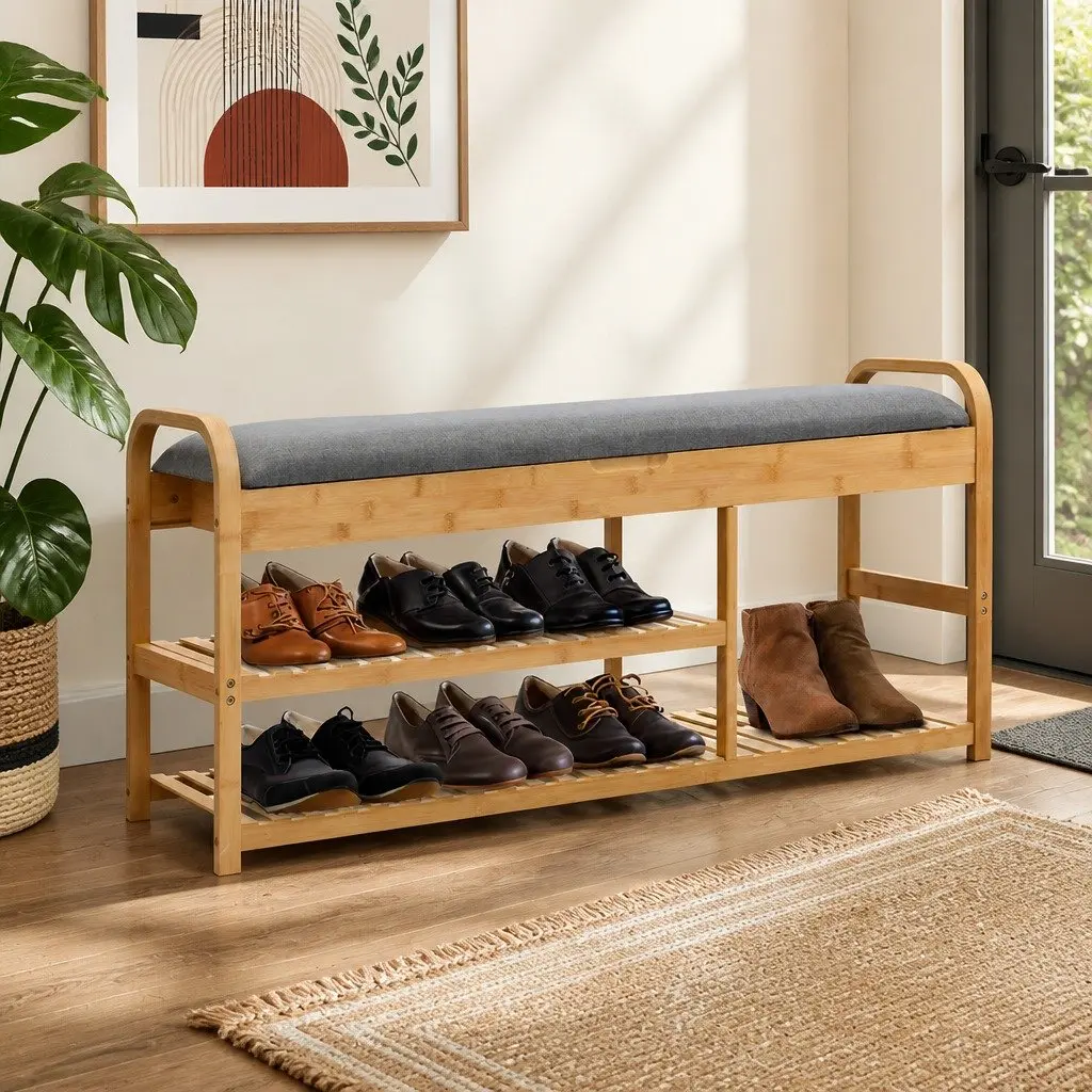 Bamboo Shoe Rack Bench Natural 100cm Multifunctional Storage Box with Hidden Compartment and Padded Seat