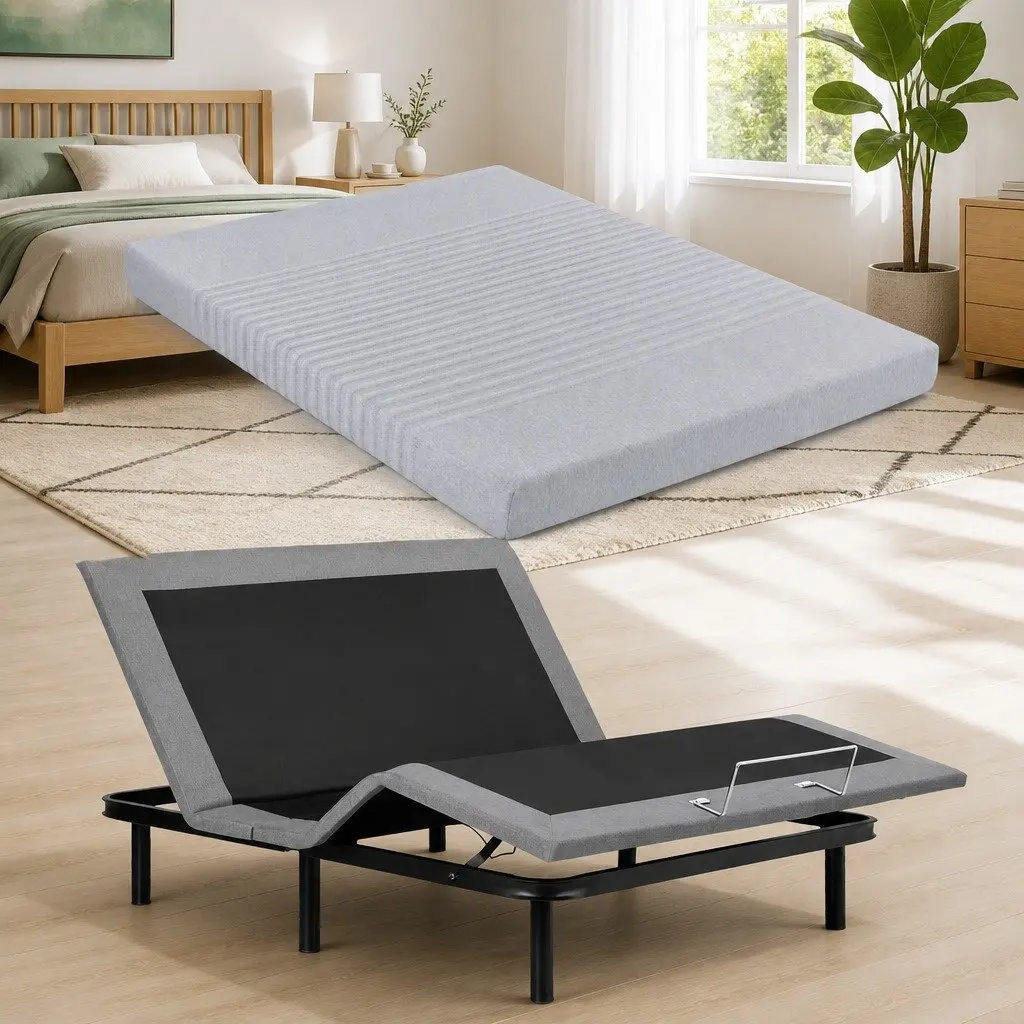 Double Electric Adjustable Bed Frame Black with Memory Foam Mattress Grey 15cm Thick Zero Gravity Positioning